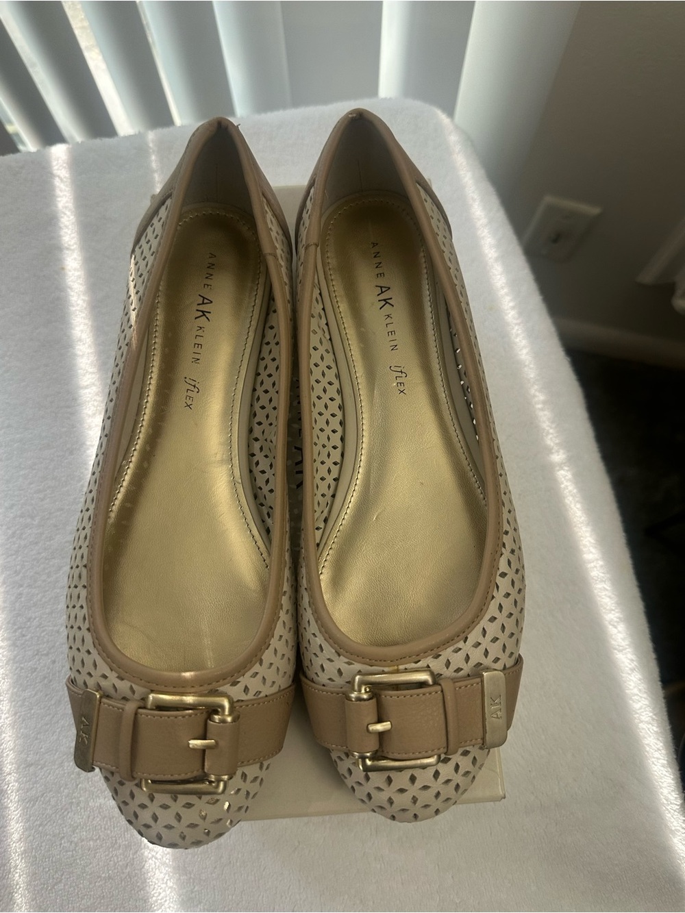 Anne Klein Nude Perforated Leather Ballet Flats with Gold Buckled